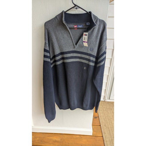 Men's Chaps XXL Navy Gray Striped 1/4 Zip Up Sweater NWT - Picture 1 of 4